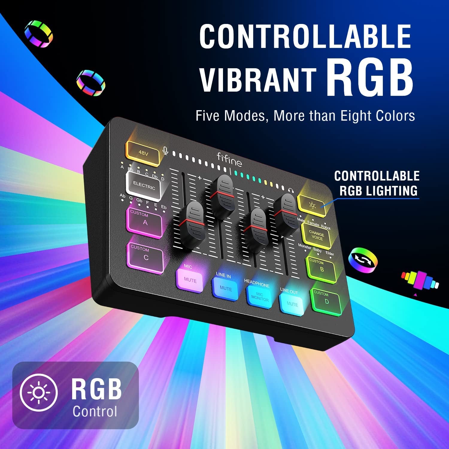 Streaming RGB PC Mixer with XLR Microphone Interface, Independent Control, Volume Fader, and Mute Button - Enhance Your Gaming Audio Experience with 48V Phantom Power for Podcasts, Vocal Recordings, and Game Voiceovers