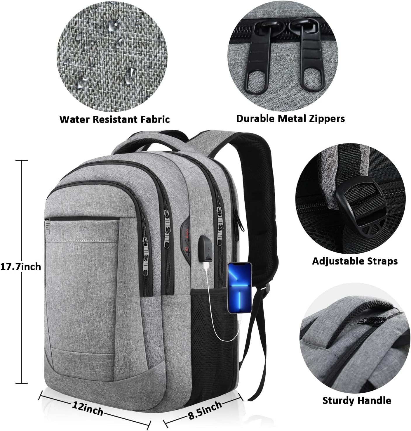 TSA Approved Large Travel Backpack, Waterproof Anti-Theft Business College Computer Bag  Fits 15.6 Inch Laptop, USB Charging Port, Headphone Hole,- Grey