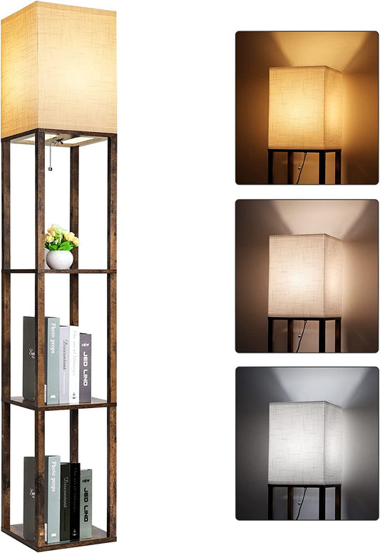 Contemporary Floor Lamp with Integrated Shelves, Multifunctional Display Storage, 3 Adjustable Color Temperatures, Slim Wooden Standing Corner Lamp including 8W Bulb for Living Room, Bedroom, Office (Brown)