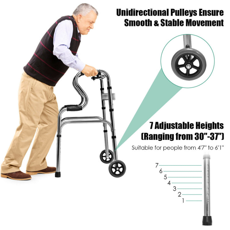 Foldable Walker with Adjustable Height, Smooth Rolling Wheels, and Dual-Level Armrests