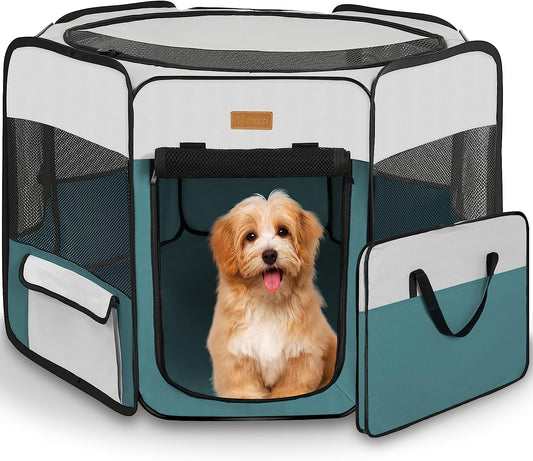 Foldable Dog Playpen with Removable Mesh Shade Cover - Portable Indoor/Outdoor Pet Exercise Kennel for Puppy Training (Small Size, 29"X29"X16") - Grey&Blue