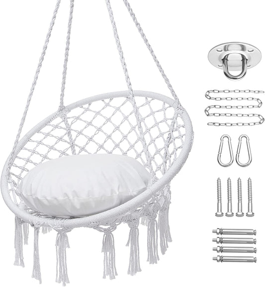 Macrame Swing Chair with Cotton Rope Hammock, 330 Lbs Capacity, Ideal for Indoor and Outdoor Use, White