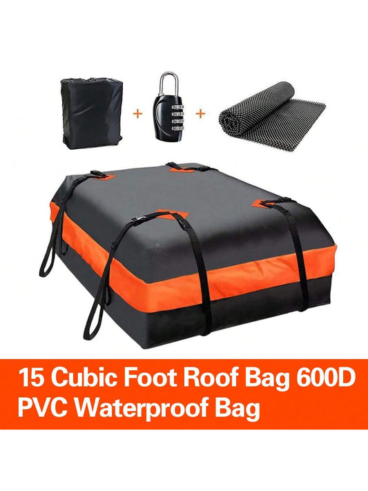 Durable 15 Cubic Feet Rooftop Cargo Carrier with Waterproof Design, Roof Top Luggage Storage Bag - Anti-Slip Mat, 8 Straps, 6 Hooks, Storage Bag