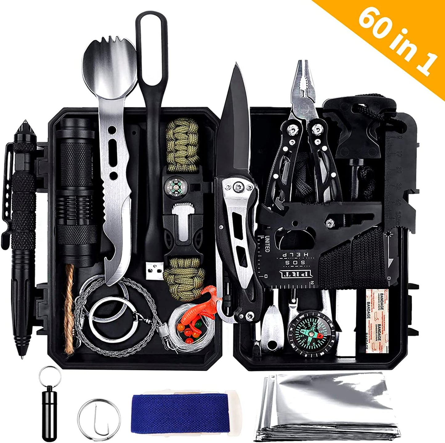 Comprehensive 60-in-1 Emergency Survival Gear Kit with Bracelet, Whistle, Flashlight, Pliers, Pen, and Wire Saw - Ideal for Camping, and Car Emergencies