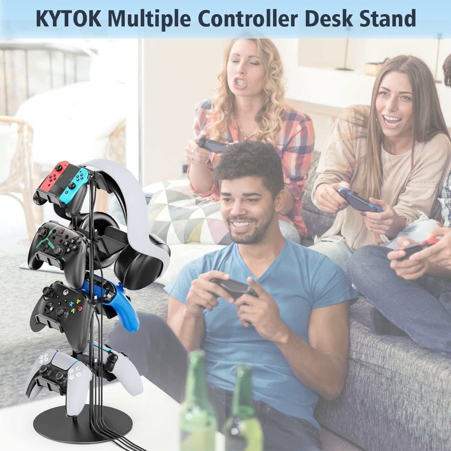 4-Tier Controller Stand with Cable Organizer for Desk - Universal Display Stand for Xbox, PS5, PS4, Nintendo Switch - Includes Headset Holder and Desk Mounts for 8 Controllers
