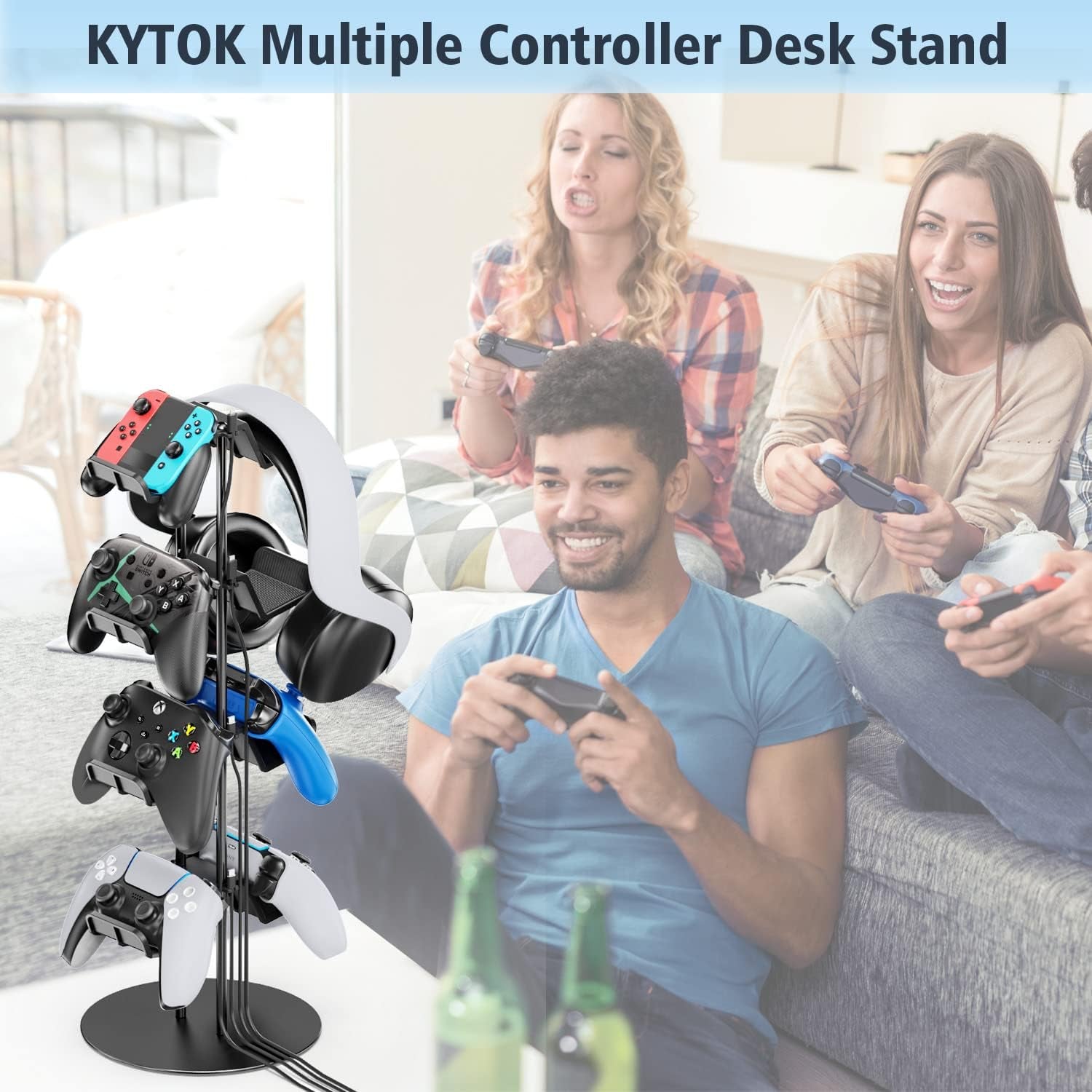 4-Tier Controller Stand with Cable Organizer for Desk - Universal Display Stand for Xbox, PS5, PS4, Nintendo Switch - Includes Headset Holder and Desk Mounts for 8 Controllers