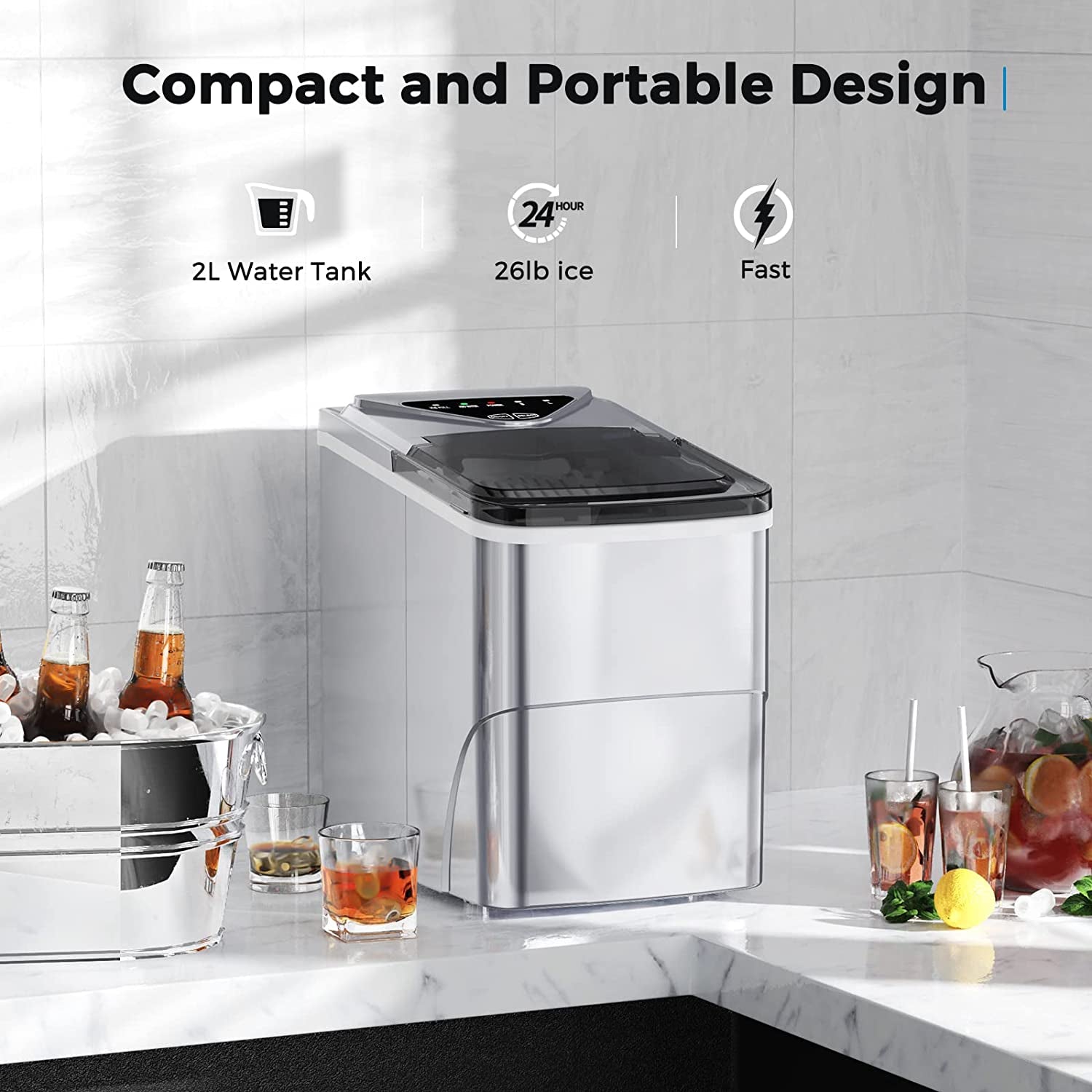 Portable Self-Cleaning Countertop Ice Maker with 9 Pebble Ice Cubes in 6 Minutes - 26Lbs Capacity - Ideal for Home, Bar, Camping, and RV (Silver)
