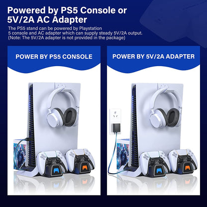 Console Stand and Cooling Station with Dual Controller Charger Compatible with PlayStation 5 Disc/Digital Edition, Complete with Cooling Fan, Headset Holder, and 11 Game Slots 