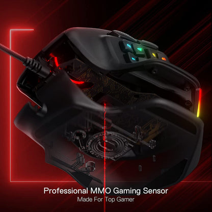 Gaming Mouse with 15 Programmable Buttons, Wired RGB Gamer Mouse with Ergonomic Natural Grip, 10 Side Macro Keys, and Customizable Keybinds & Backlit Support