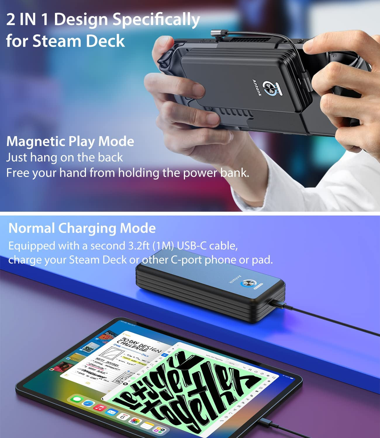 Magnetic Power Bank Compatible with Steam Deck, 16000Mah 45W PD Fast Charging Portable Battery Bank, External Battery Pack Detechable Magnetic Back Mount Dual USB Cable(For Huaying & Delta Fan)