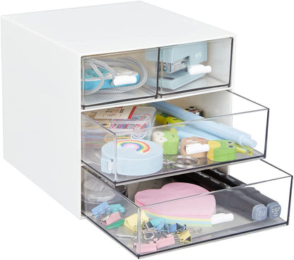 Clear Plastic Desk Organizer with 4 Drawers - Desktop Storage Solution for Office Supplies, Writing Instruments, Paperclips, and Chargers (White)