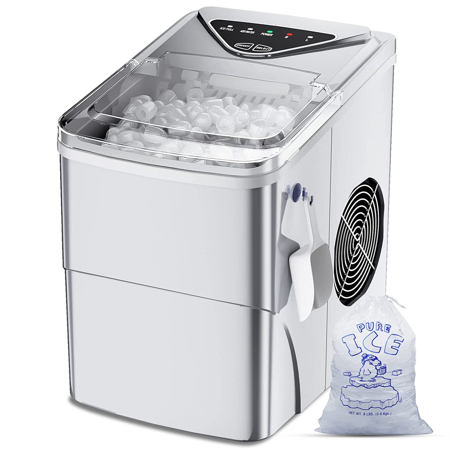 Portable Self-Cleaning Countertop Ice Maker with 9 Pebble Ice Cubes in 6 Minutes - 26Lbs Capacity - Ideal for Home, Bar, Camping, and RV (Silver)