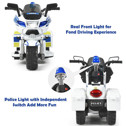 6V Three-Wheel Children's Police Ride-On Motorcycle with Backrest