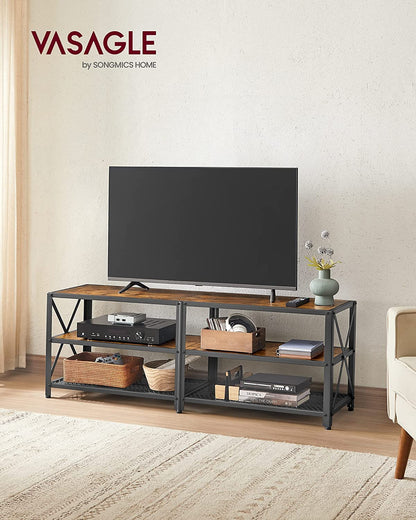 Home TV Stand  for TVs up to 65 Inches, Industrial Style Entertainment Center with Sturdy 3-Tier Console, Steel Frame, Rustic Brown & Black Finish