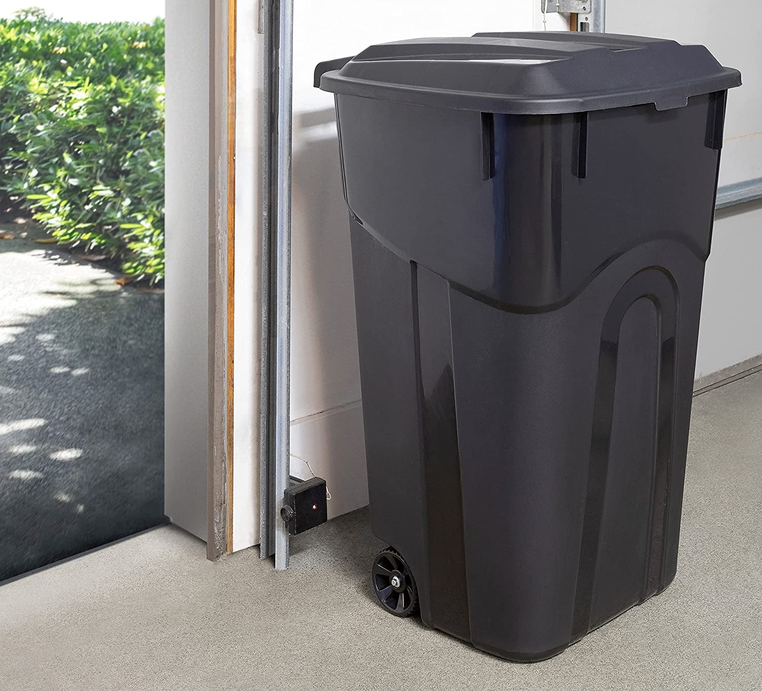 Set of Two 32 Gallon Outdoor Garbage Cans with Wheeled Base, Snap Lock Lid, and Durable Handles - Ideal for Backyards, Decks, and Garages