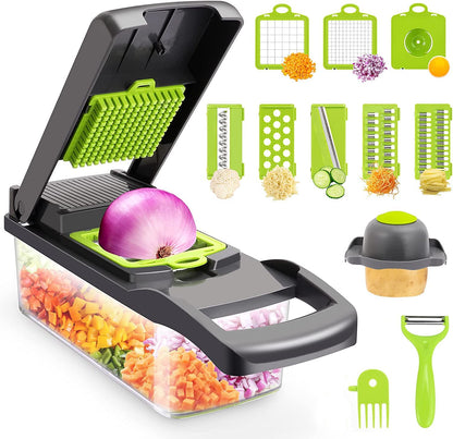 Versatile 13-In-1 Vegetable & Fruit Chopper with 8 Interchangeable Blades - Including Onion Chopper, Mandolin Slicer, and Cutter for Veggies - Complete with Colander Container - Essential Kitchen Tool for Preparing Salad, Potato, Carrot, Garlic