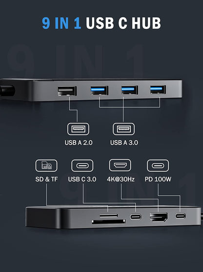 9-In-1 USB C Hub Multiport Adapter with 4K HDMI, 3 USB 3.0 5Gbps Ports, Type C Data Port, 100W PD, SD/TF Card Reader, Compatible with Macbook Pro Air, Windows, and Mac