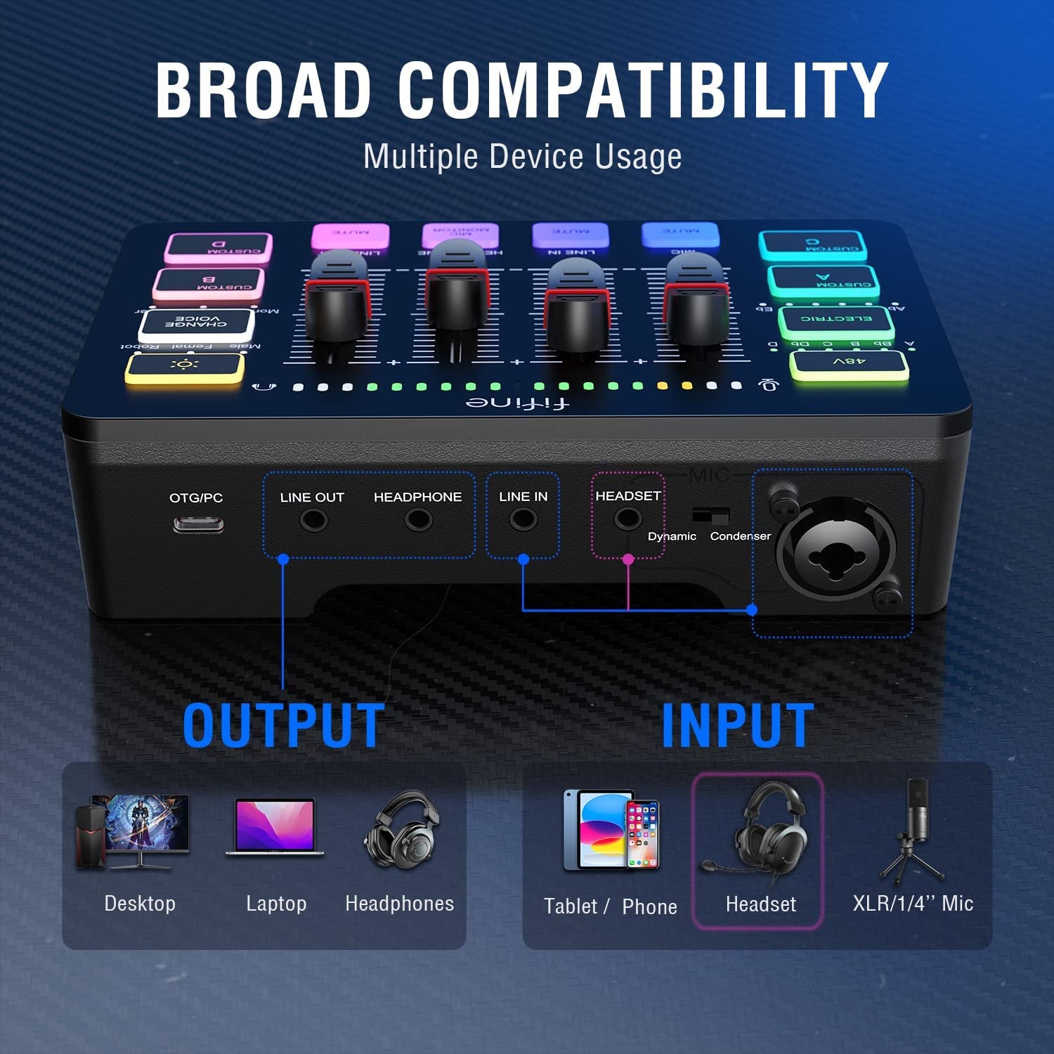 Streaming RGB PC Mixer with XLR Microphone Interface, Independent Control, Volume Fader, and Mute Button - Enhance Your Gaming Audio Experience with 48V Phantom Power for Podcasts, Vocal Recordings, and Game Voiceovers