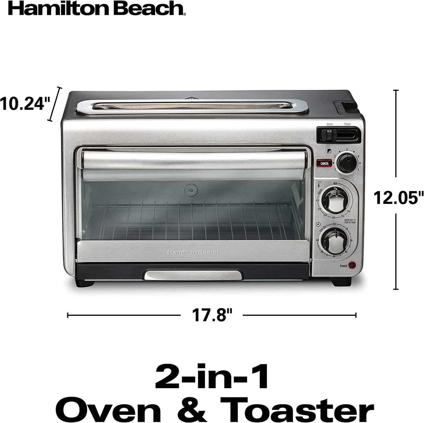Multifunctional Stainless Steel Countertop Toaster Oven with Long Slot 2 Slice Toaster, 60 Minute Timer, Automatic Shut Off, and Shade Selector