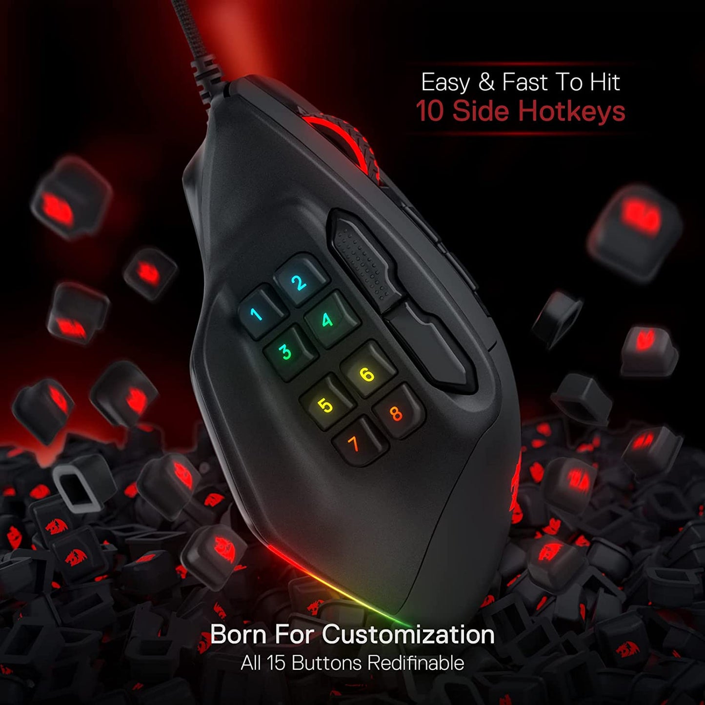 Gaming Mouse with 15 Programmable Buttons, Wired RGB Gamer Mouse with Ergonomic Natural Grip, 10 Side Macro Keys, and Customizable Keybinds & Backlit Support