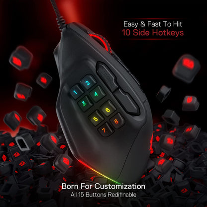 Gaming Mouse with 15 Programmable Buttons, Wired RGB Gamer Mouse with Ergonomic Natural Grip, 10 Side Macro Keys, and Customizable Keybinds & Backlit Support