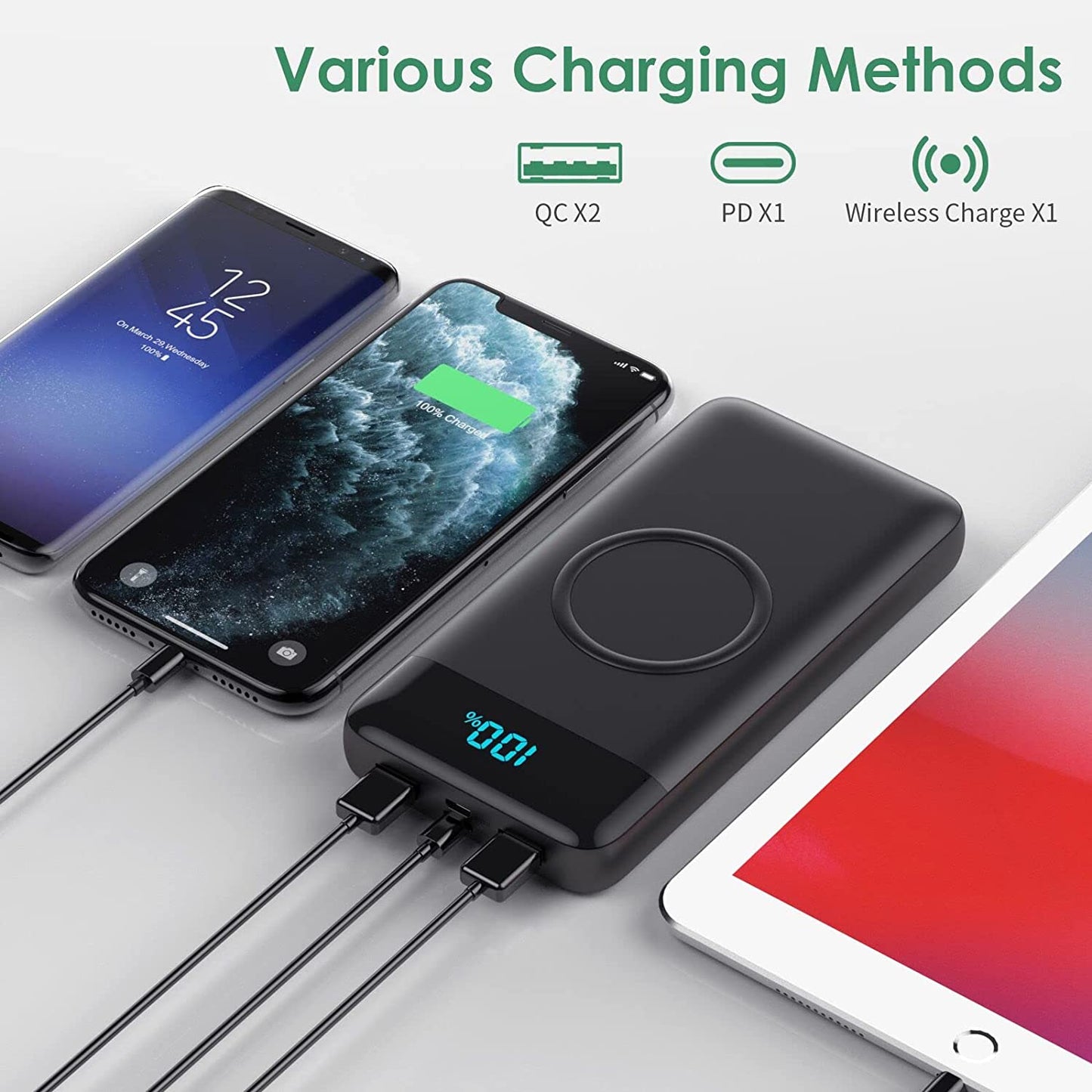30,800mAh Wireless Portable Charger with 15W Wireless Charging, 25W PD QC4.0 Fast Charging, Smart LED Display, USB-C Power Bank, 4 Output & 2 Input for Smartphones