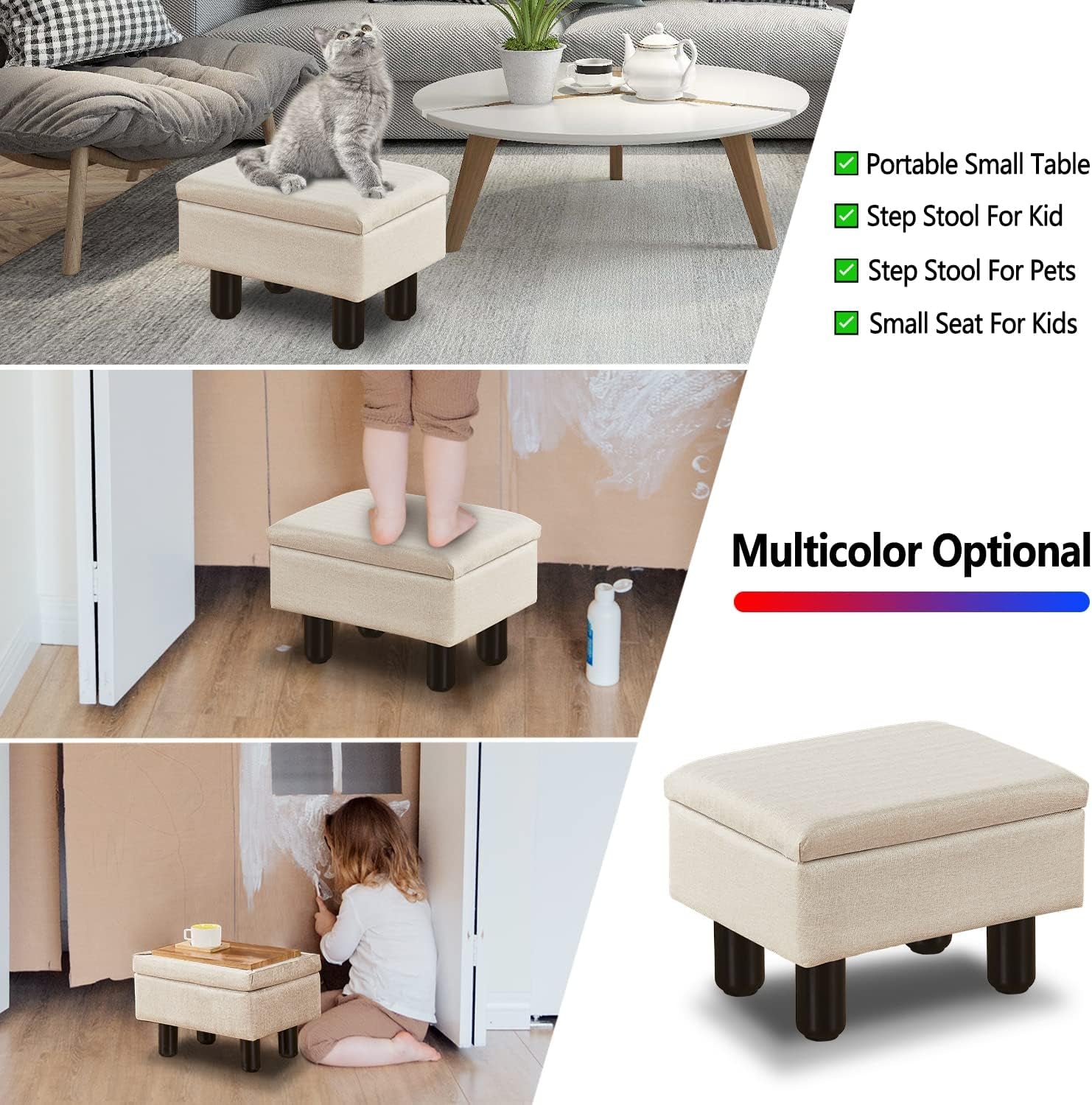 Linen Small Foot Stool Ottomans Multifunctional Footrest Storage Ottoman Upholstered Step Stool Seat with Solid Wood Legs Modern Accent Stools Suitable for Couch Living Room Bedroom Beige