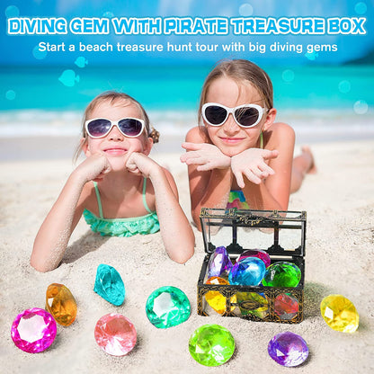10-Piece Set of Big Colorful Diamond Diving Gems with Pirate Treasure Box - Fun Pool Toys for Kids and Toddlers, Ideal for Underwater Play, Swimming, Bath Time, and Birthday Party Decoration