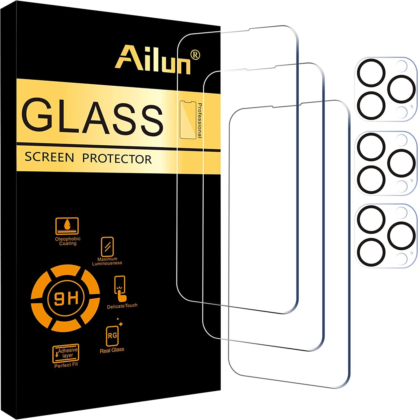 3-Pack Tempered Glass Screen Protector for iPhone 14 Pro Max [6.7 Inch], with Bonus 3-Pack Camera Lens Protector, Sensor Protection, Dynamic Island Compatibility, Case Friendly Design, [9H Hardness] - HD Clarity