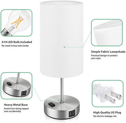 Set of 2 Touch Control Table Lamps with USB Charging Ports, AC Outlet, 3-Way Dimmable Functionality with White Fabric Lampshade and A19 LED Bulbs