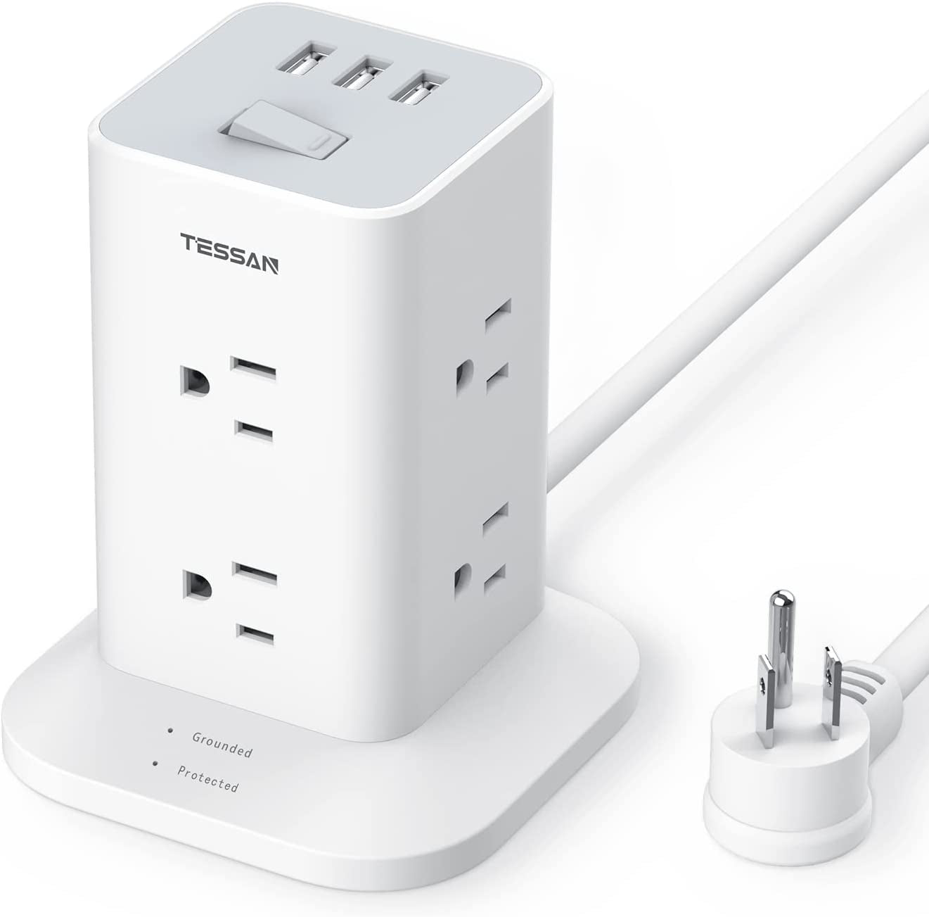 Multi-Outlet Power Strip Tower with Surge Protection, USB Ports, and Extension Cord - Ideal for Office, Dorm, or Home Uses