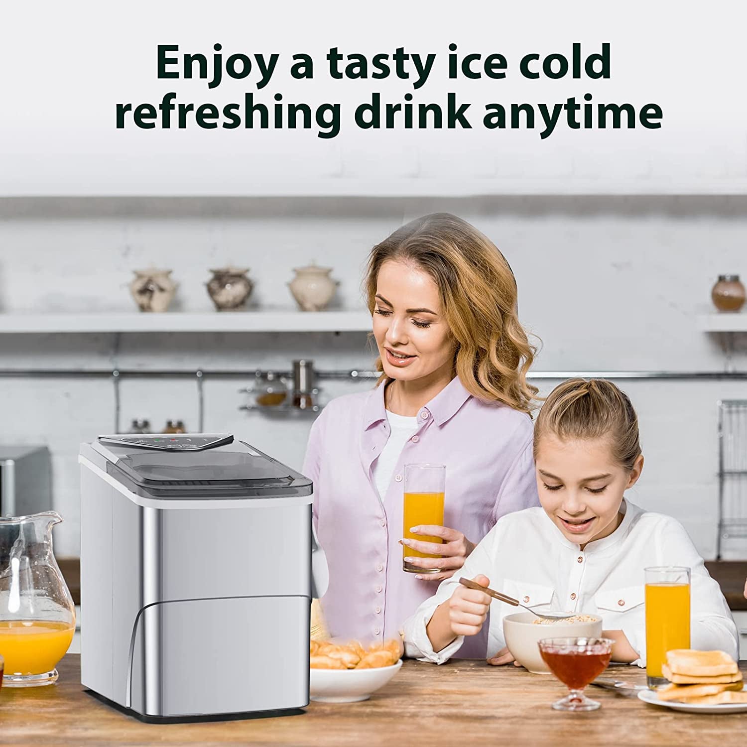 Portable Self-Cleaning Countertop Ice Maker with 9 Pebble Ice Cubes in 6 Minutes - 26Lbs Capacity - Ideal for Home, Bar, Camping, and RV (Silver)