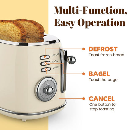 Stainless Steel 2-Slice Retro Toaster with Removable Crumb Tray, 6 Shade Settings, Bagel, Defrost, and Cancel Functions (White)