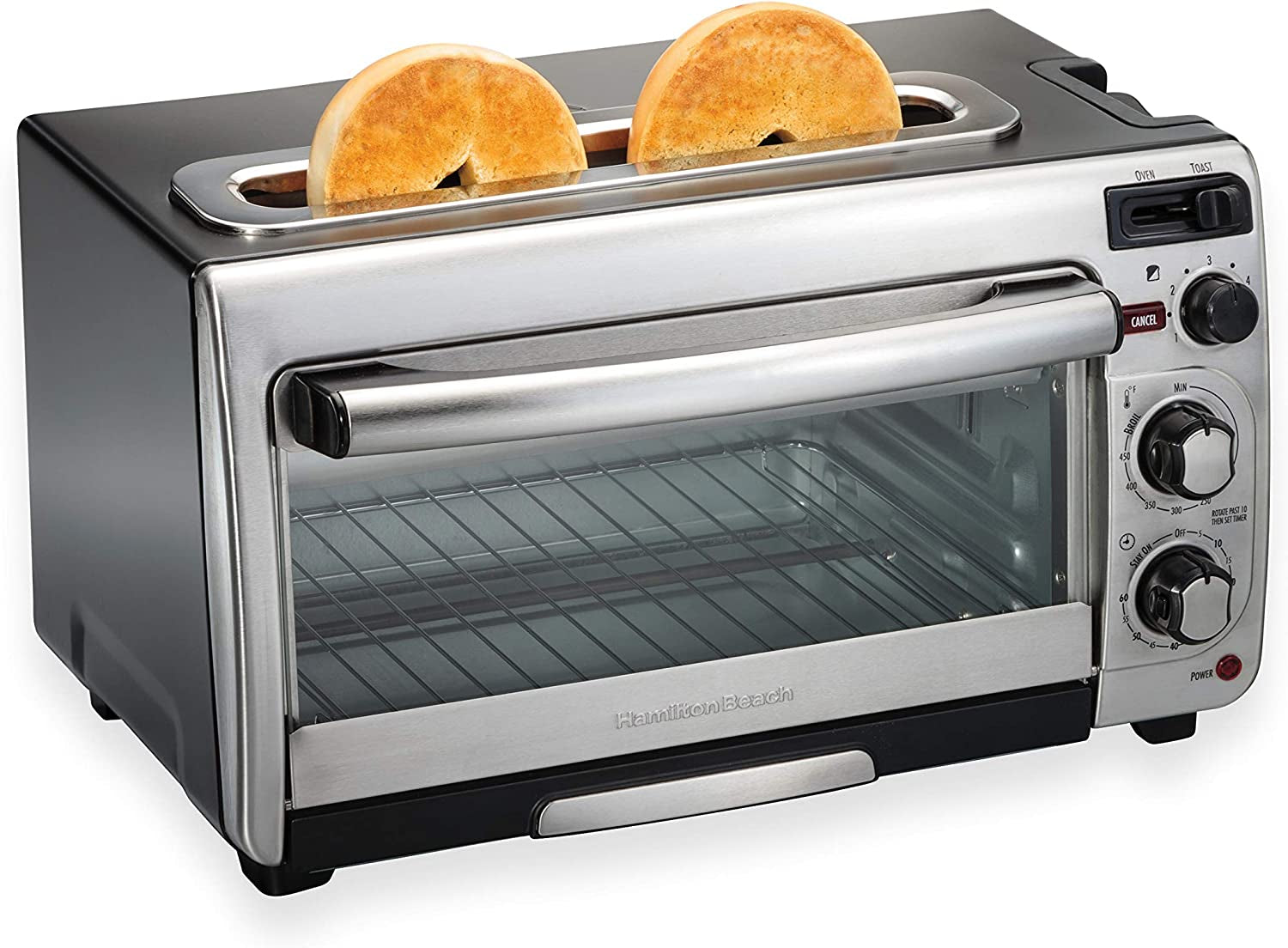 Multifunctional Stainless Steel Countertop Toaster Oven with Long Slot 2 Slice Toaster, 60 Minute Timer, Automatic Shut Off, and Shade Selector