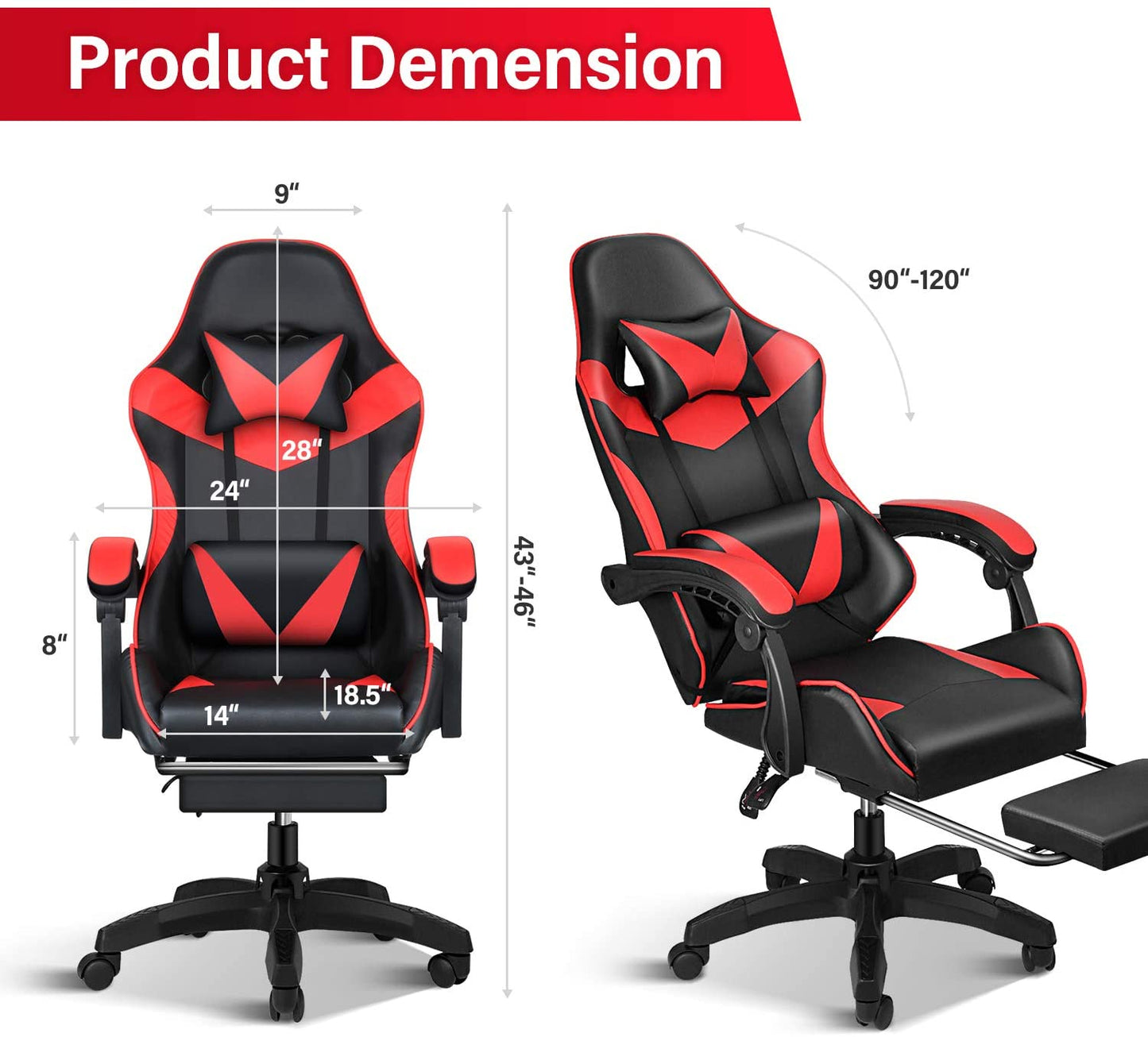 Premium Ergonomic Red and Black Racing Office Chair with Adjustable Backrest, Height, Swivel, Footrest, and Lumbar Support - The Ultimate Gaming Throne