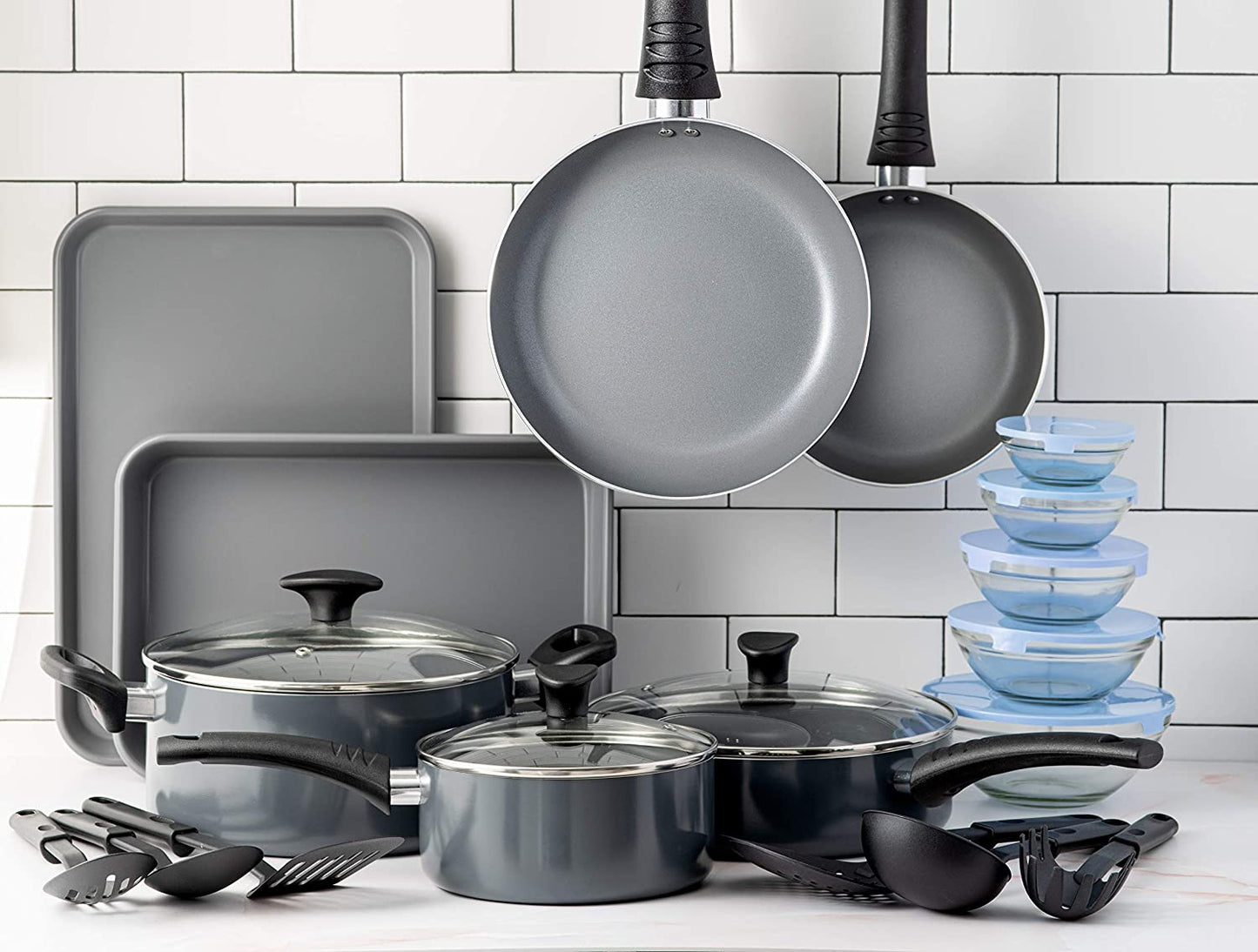 21-Piece Black Nonstick Cookware Set with Glass Lids - Includes Aluminum Bakeware, Pots and Pans, Storage Bowls & Utensils - Compatible with All Stovetops