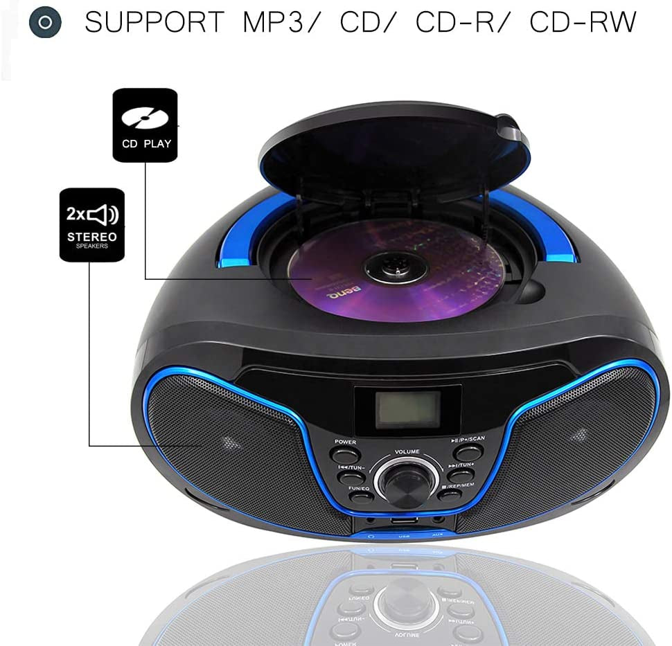  Portable Bluetooth CD Boombox with FM Radio, USB Playback, Aux Input, Earphone Output, and Digital Tuner