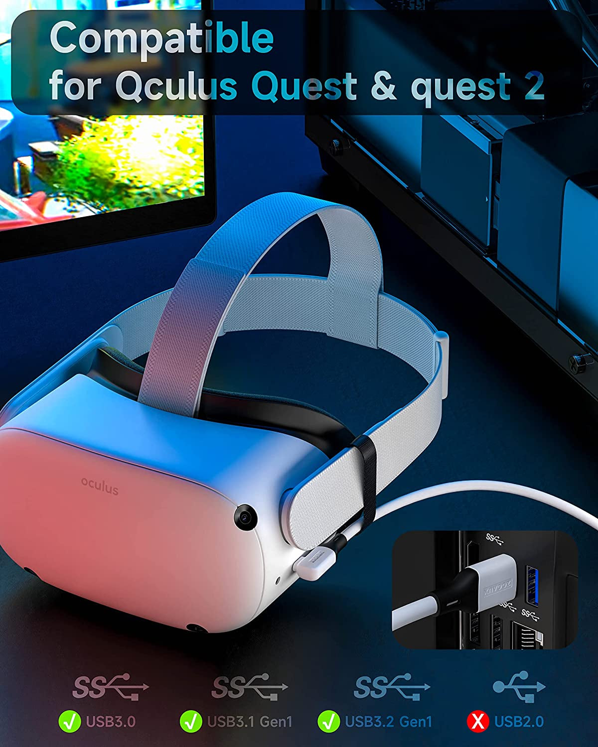 16 FT Link Cable for Meta/Oculus Quest 2 Accessories and PC/Steam VR - USB C 3.2 Gen1 Cable for Fast Charging, PC Data Transfer, and Enhanced VR Experience