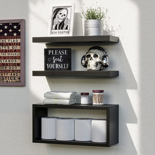 Set of 3 Black Rustic Floating Shelves with Invisible Brackets - Wall Mounted Bathroom Organizer for Bedroom, Living Room, and Kitchen