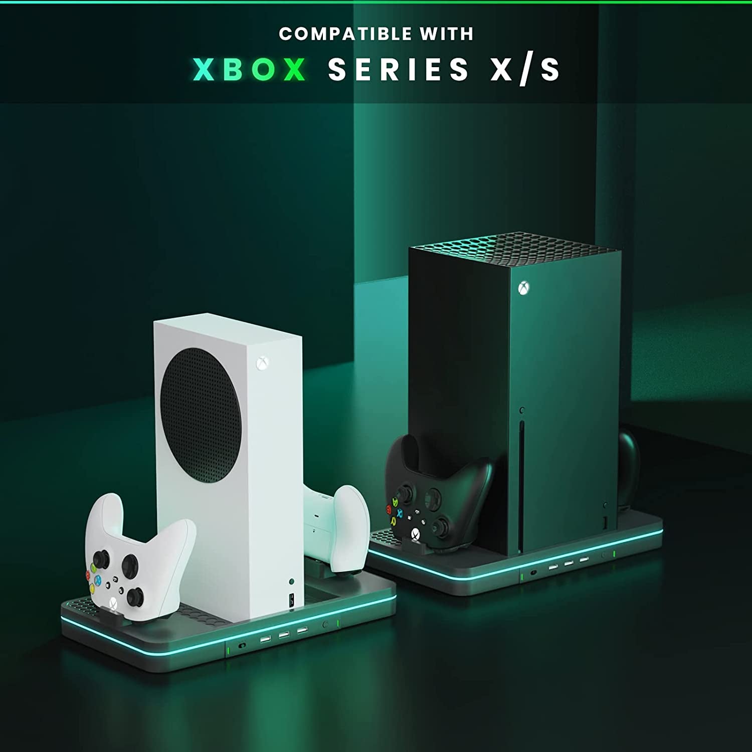 Vertical Charging Stand with Cooling Fan and Dual Controller Charger Station Dock - Compatible with Xbox Series X/S Console and Controller, Equipped with 3 USB Ports