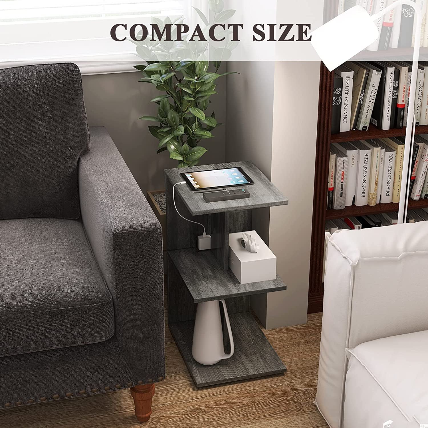 Compact Grey End Table with Integrated Charging Station, USB Ports and Outlets - Slim Side Table for Small Spaces, Ideal for Living Room, Bedroom, or Sofas