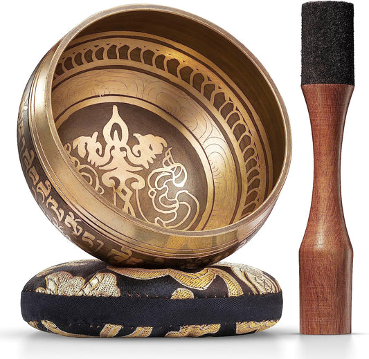  Tibetan Singing Bowl Set for Holistic Healing, Meditation, and Stress Relief - Peace Pattern Design - Gold Bowl with Black Pillow - Yoga and Relaxation"