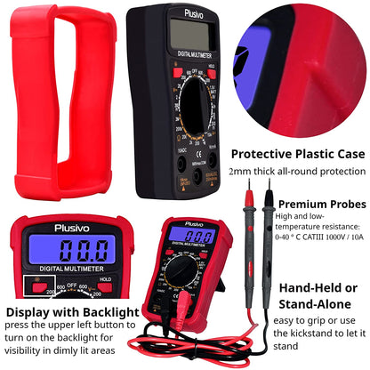 High-Quality Digital Multimeter with AC DC Voltmeter, Ohm Volt Amp Testing Capabilities, Continuity, Battery and Diode Testing, Complete Set of Test Leads, Probes, Test Clips, Dupont Wires, Crocodile Clips, and Wire Stripper from Plusivo