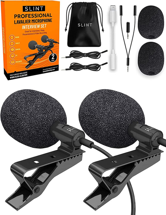 Dual Pack of Omnidirectional Condenser Lapel Microphones, Clip-On Lavalier Mic Set for Android, Gopro, DSLR for Youtube Recording
