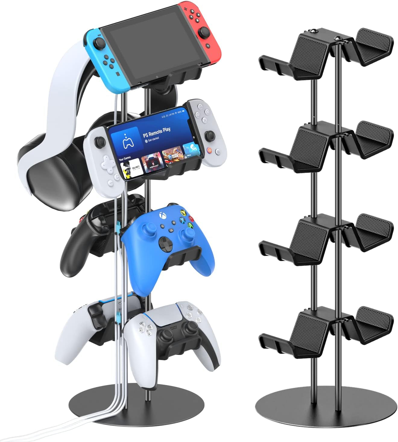 4-Tier Controller Stand with Cable Organizer for Desk - Universal Display Stand for Xbox, PS5, PS4, Nintendo Switch - Includes Headset Holder and Desk Mounts for 8 Controllers