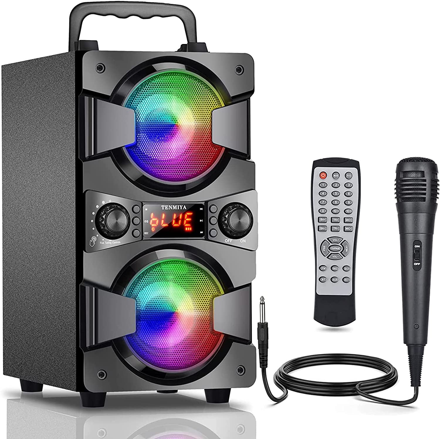 High-Quality 60W Portable Bluetooth Speaker with Dual Subwoofer for Enhanced Bass, FM Radio, Built-in Microphone, LED Lights, Remote Control, EQ, and Immersive Stereo Sound System - Perfect for Home, Outdoor Parties, and Camping (Includes 1 Microphone)