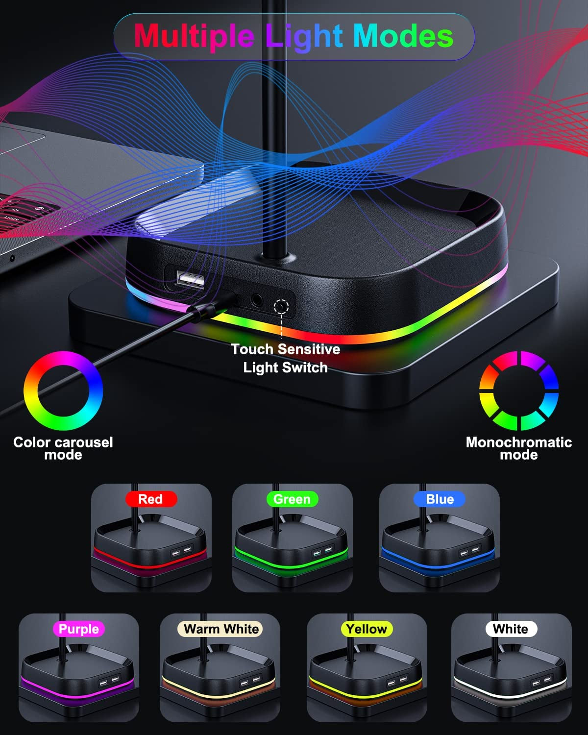 RGB Gaming Headphone Stand for Desk,Headset Stand,Headphone Holder Storage with 3 USB and 3.5Mm AUX Ports,Headphone Hanger Mount Gaming Earphone Accessories as PC Gamer Gift