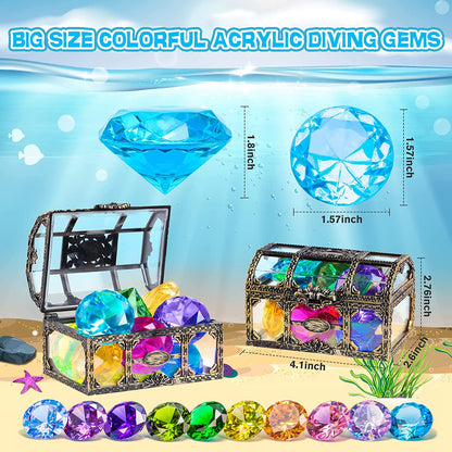10-Piece Set of Big Colorful Diamond Diving Gems with Pirate Treasure Box - Fun Pool Toys for Kids and Toddlers, Ideal for Underwater Play, Swimming, Bath Time, and Birthday Party Decoration