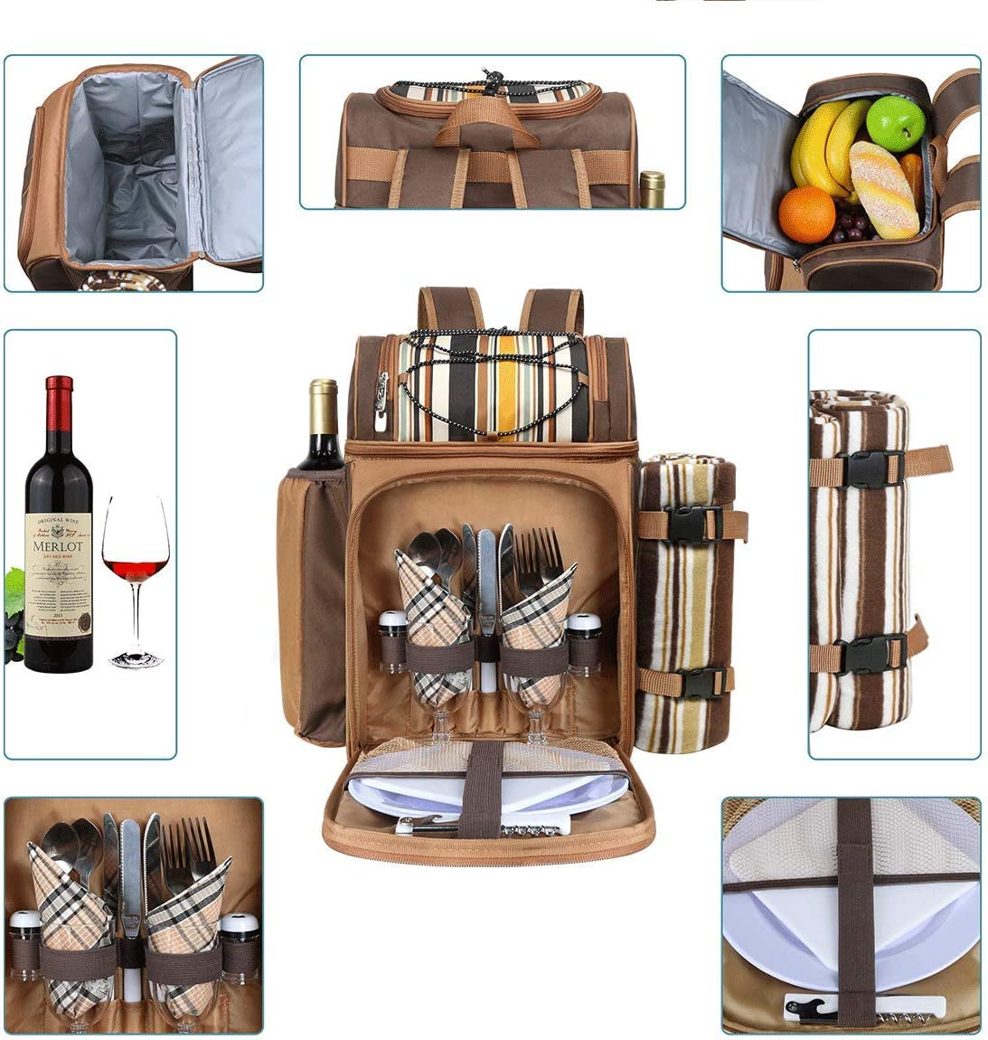 2-Person Picnicking Backpack with Insulated Cooler Compartments, Wine Holder, Fleece Blanket, Cutlery Set for Beach, Day Travel, Camping, BBQs or Gifts