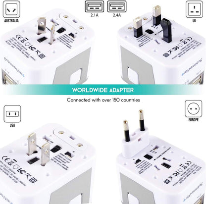 Universal Power Plug Adapter, 4 USB Ports Wall Charger, Fast Charging Adapter for 150 Countries, Multi Port Electric Plug, Type C Type A, UK, Japan, China, EU